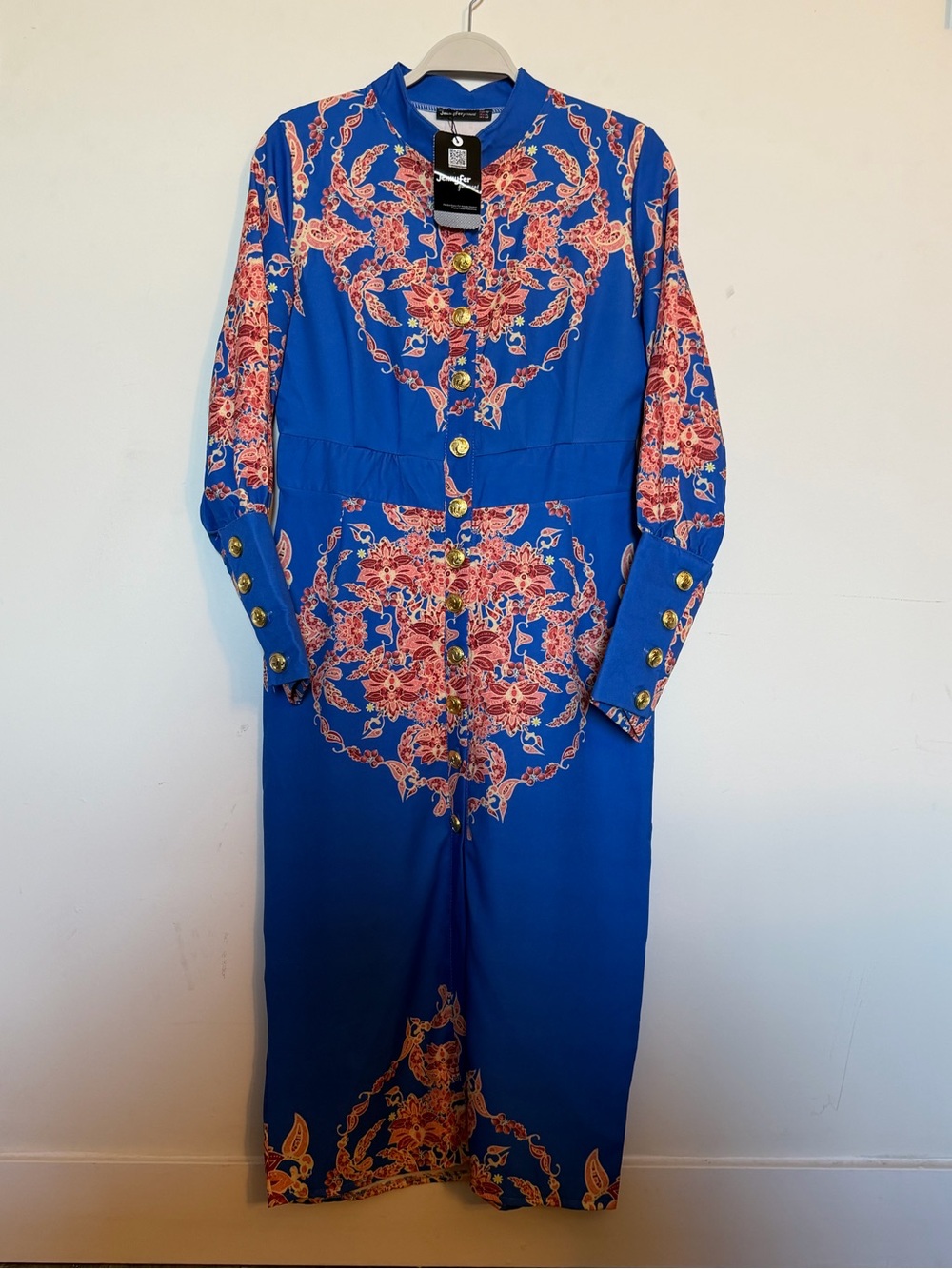 Blue Floral-Print Long Sleeve Button-Front Maxi Dress